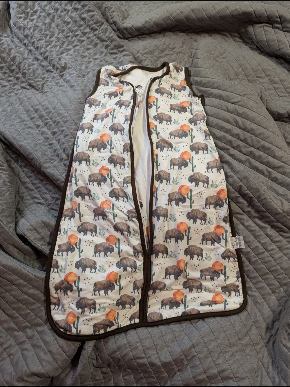 Buffalo Sunset Kids Sleep Sack in White with Brown Trim